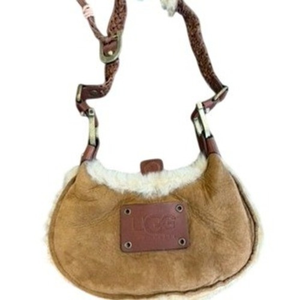 UGG Australia Chestnut Sheepskin Suede Shearling Braided Leather Hobo Bag RARE